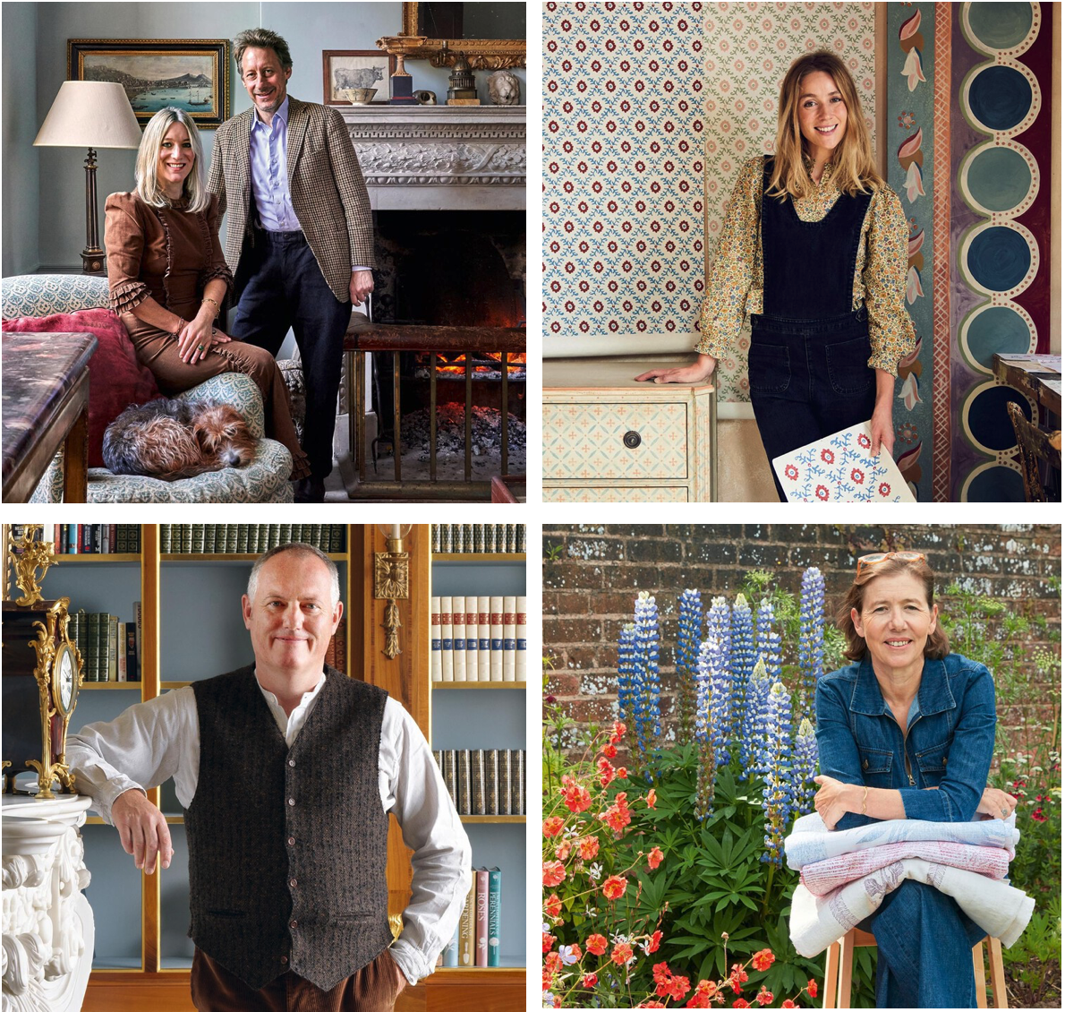 Clockwise from top left: Charlotte Freemantle and Will Fisher of Jamb; artist Tess Newall has revived an interest in decorative painting; Speronella Marsh hand blocks fabrics and wallpapers; Bruce Hodgson of Artichoke has an ‘unrivalled eye for detail’.