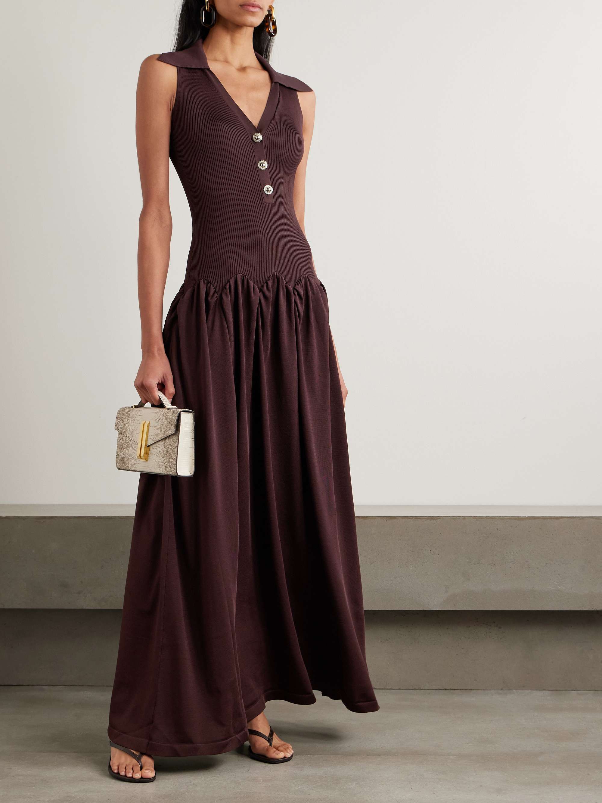 Embellished Ribbed-Knit and Poplin Maxi Dress