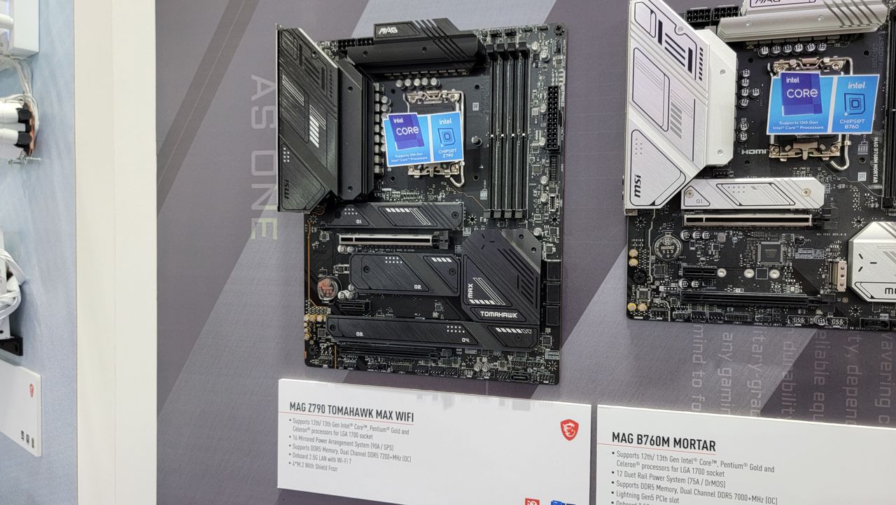 Wall of motherboards at MSI booth.