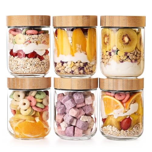 6 Pack 16oz Glass Overnight Oats Jars - Airtight Containers With Bamboo Lids, Wide Mouth Mason Jars for Salad, Yogurt, Snacks &amp;amp; Food Storage