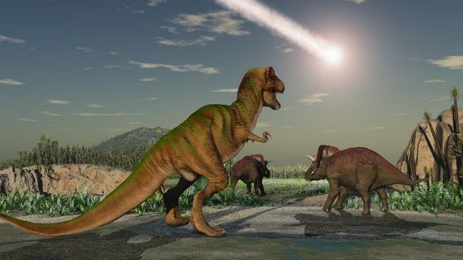 dinosaurs look on as an asteroid plumets through the sky