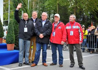 Roland Liboton, Dird Craen, UCI president Pat McQuaid, Albert van Damme and Robert Vermeire take in the 'cross action.