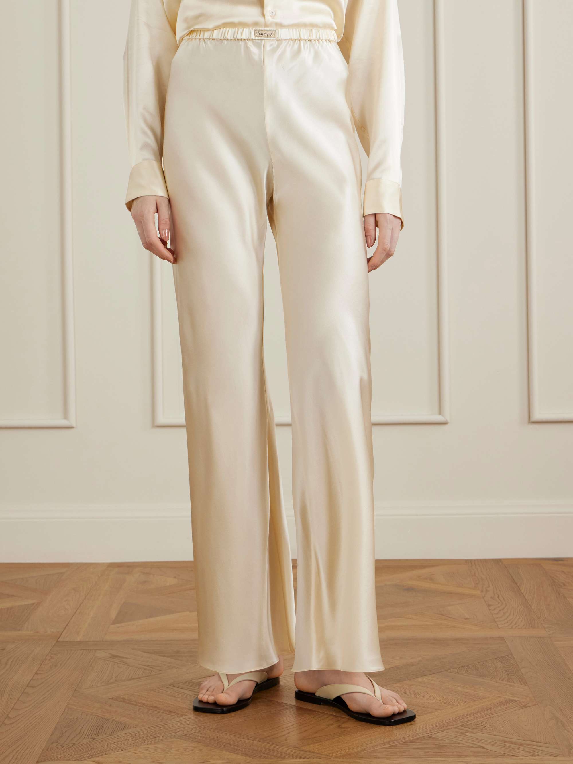 Appliqu&amp;eacute;d Silk-Charmeuse Straight-Leg Pants