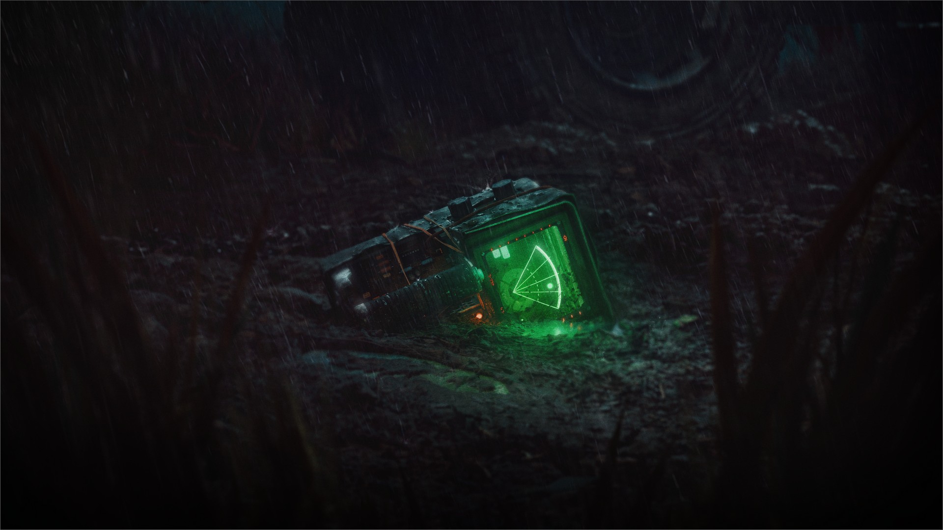 A movement detecting scanner blinks dots on its green screen in Alien Isolation 2 as it lies abandoned half-buried in the ground in this reveal key art
