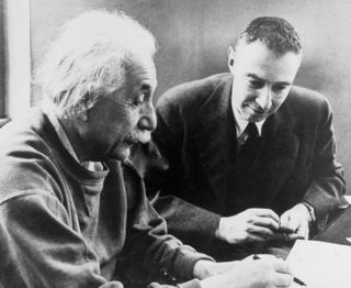 Albert Einstein and physicist J. Robert Oppenheimer.