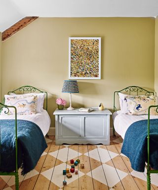 Child's room with yellow wall and painted floor