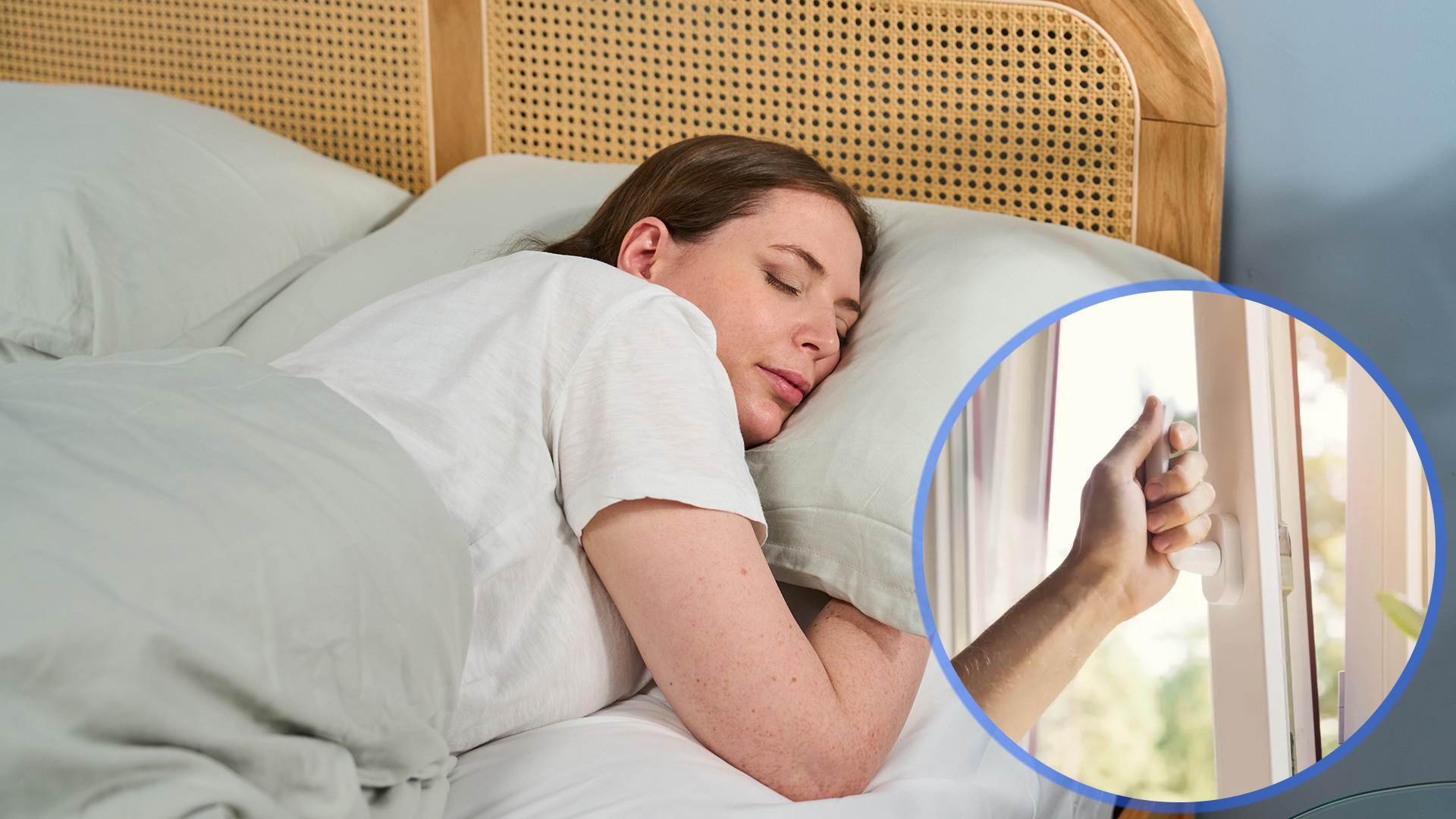 A woman lies in bed sleeping peacefully. In the bottom left is an inset image of a hand opening a window.