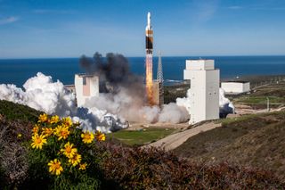 A United Launch Alliance Delta IV Heavy rocket carrying the classified NROL-71 spy satellite for the U.S. National Reconnaissance Office launches toward space from Space Launch Complex-6 at Vandenberg Air Force Base, California on Jan. 19, 2019.