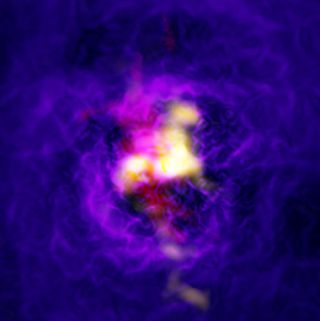 Recent observations of galaxy cluster Abell 2597 could help "trace processes fundamental to galaxy evolution," said the authors of a September 2018 study published in The Astrophysical Journal. This composite image of Abell 2597 shows the fountain-like flow of gas powered by the supermassive black hole in the cluster's central galaxy. The cold gas appears as yellow, and the hot, ionized gas appears as blue-purple. 