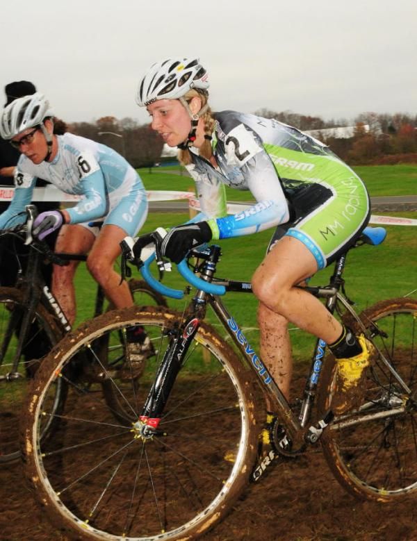 Maureen Bruno Roy (MM Racing p/b Seven Cycles) overtaking Kelli Emmett (Giant Bicycles).