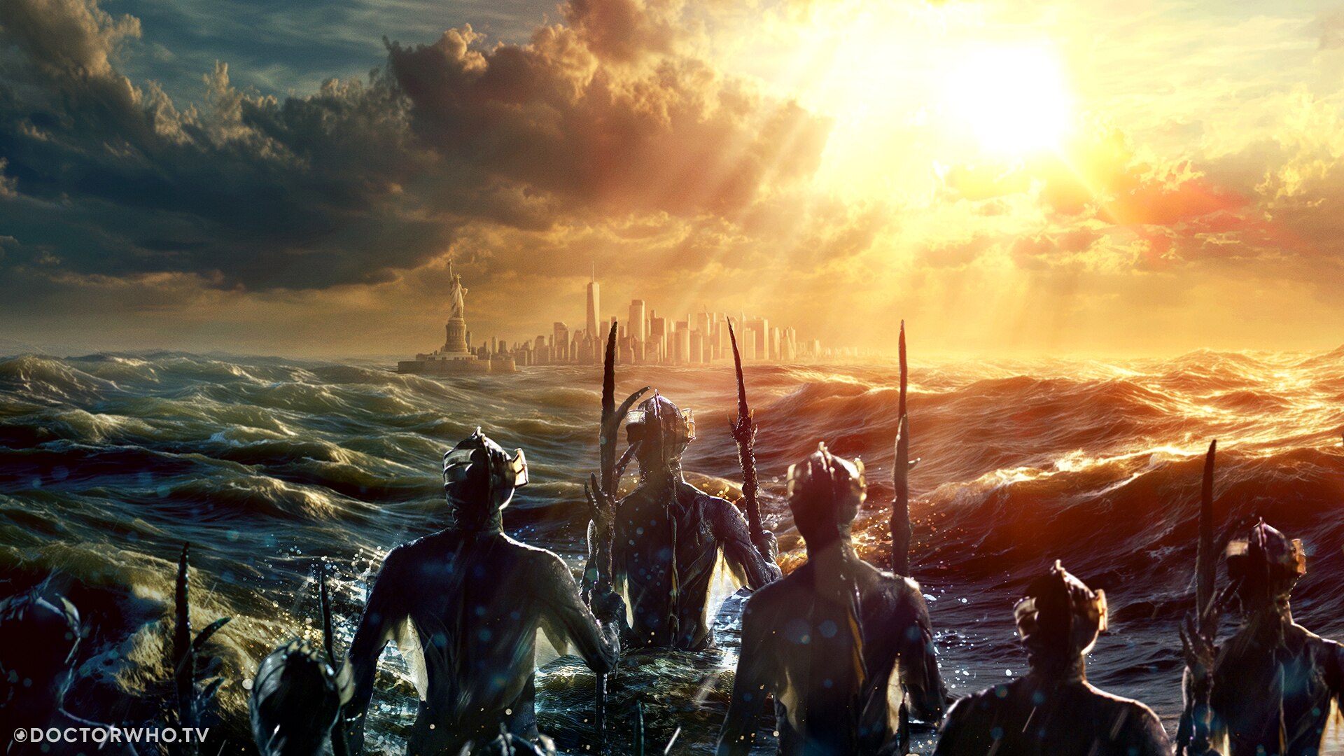 Promotional material for &quot;The War Between the Land and the Sea&quot; showing an army of &quot;Sea Devils&quot; marching out of the water towards New York City.