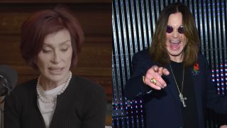Sharon Osbourne speaking on a podcast and Ozzy pointing at the camera in 2014