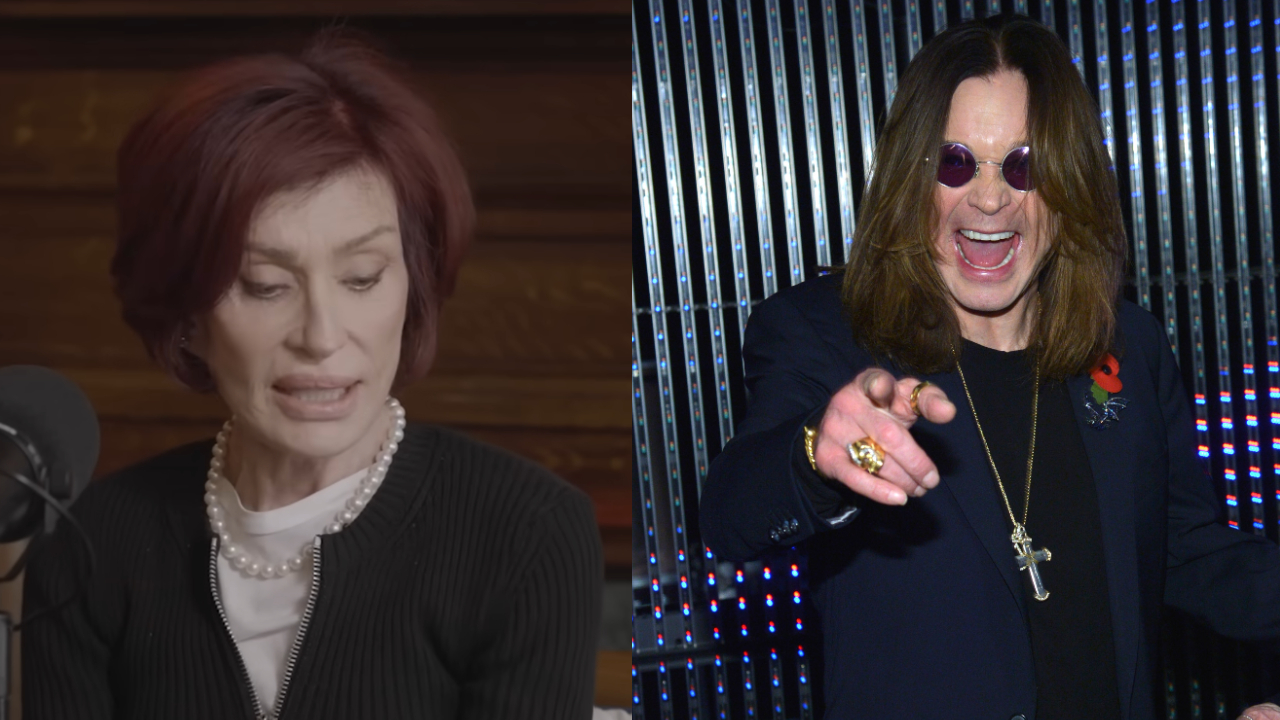 Sharon Osbourne speaking on a podcast and Ozzy pointing at the camera in 2014