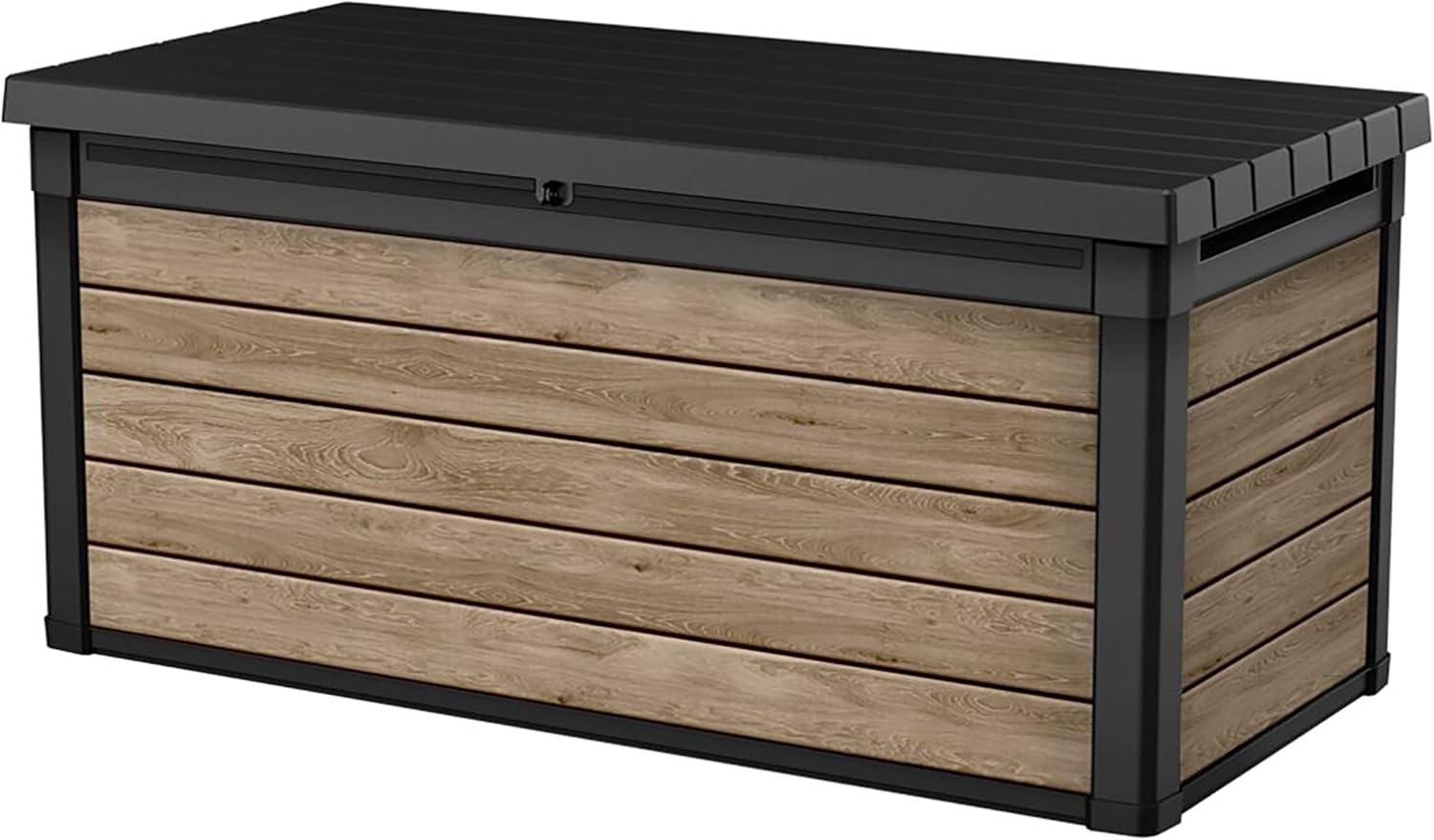 Keter Signature 570l Outdoor Storage Box &amp;ndash; Ashwood Brown | Lockable Weatherproof Garden Deck Box &amp;amp; Bench | Wood-Effect Finish | Hydraulic Lid | Seats 2 Adults | Durable Resin Construction