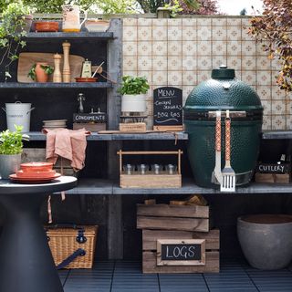 patio kitchen with pizza oven and basket