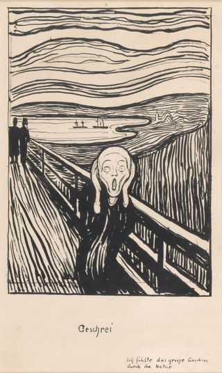 The black-and-white print of The Scream by Edvard Munch.