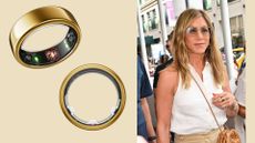 Jennifer Aniston wearing the Oura Ring, now at its lowest-ever price, while walking around New York next to product shots of the ring from two angles