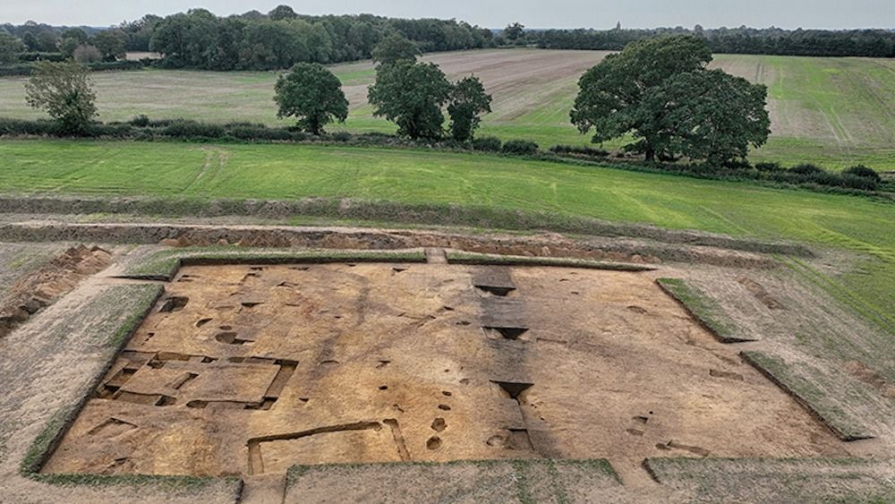 An aerial view of the foundation of a building. 