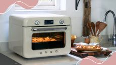 Picture of new cream 10-in-1 Smeg countertop oven on a kitchen worktop beside a kitchen sink