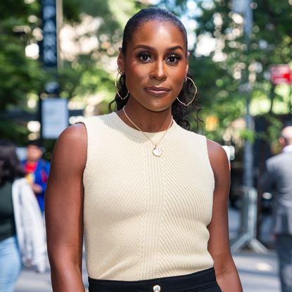 Issa Rae was spotted in NYC wearing a groutfit and Adidas Sambas sneakers