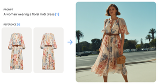 Two reference images of a dress result in a photo of a woman wearing a similar dress outdoors