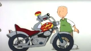 Porkchop gestures for Doug to get on his motorcycle in Disney's Doug.