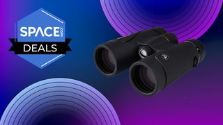 The Celestron TrailSeeker 8x42 binoculars on a Space.com backdrop with deals logo