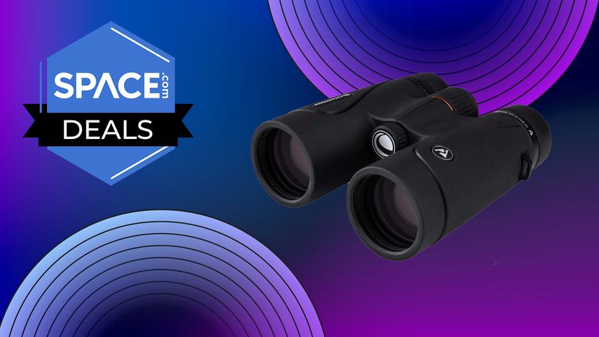 The Celestron TrailSeeker 8x42 binoculars on a Space.com backdrop with deals logo