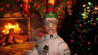 A scientist sits by the fire wearing a festive hat in Abiotic Factor. A Christmas tree and stockings are visible in the background.