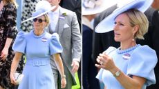 Composite of pictures of Zara Tindall wearing a bluebell coloured dress and matching hat at Royal Ascot Day 3