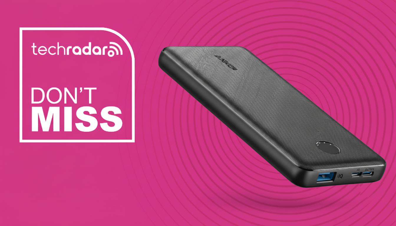 Anker PowerCore 10K portable charger on a pink background with radar motif and next to text reading &#039;TechRadar Don&#039;t Miss&#039;