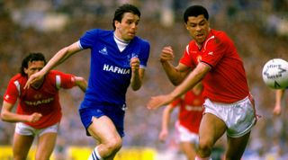 18 May 1985: Graham Sharpe of Everton (left) and Paul McGrath of Manchester United in action during the FA Cup Final at Wembley Stadium in London. Manchester United won the match 1-0 after extra time. \ Mandatory Credit: Bob Martin /Allsport