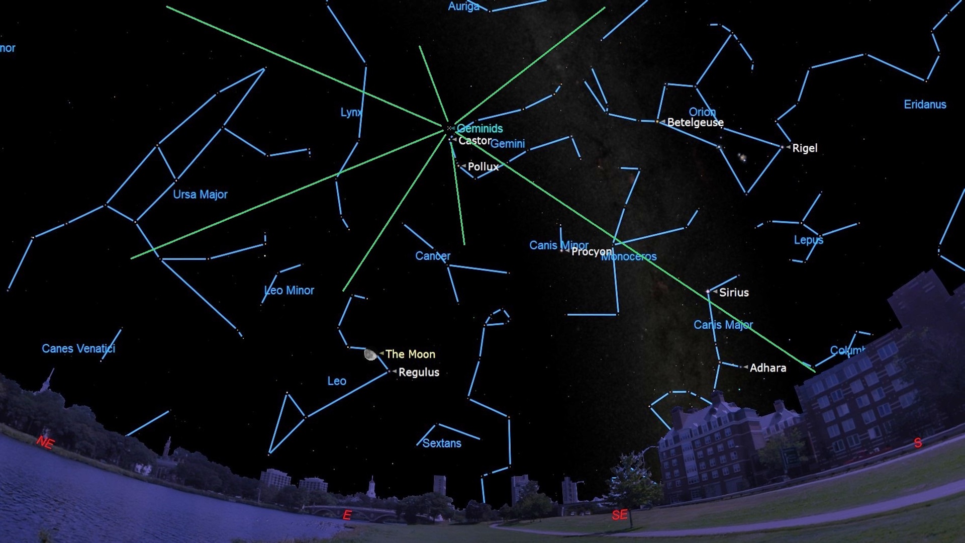 An illustration of the night sky on Dec. 13 showing the Geminid meteor shower originating from near the bright star Castor in the constellation of Gemini.