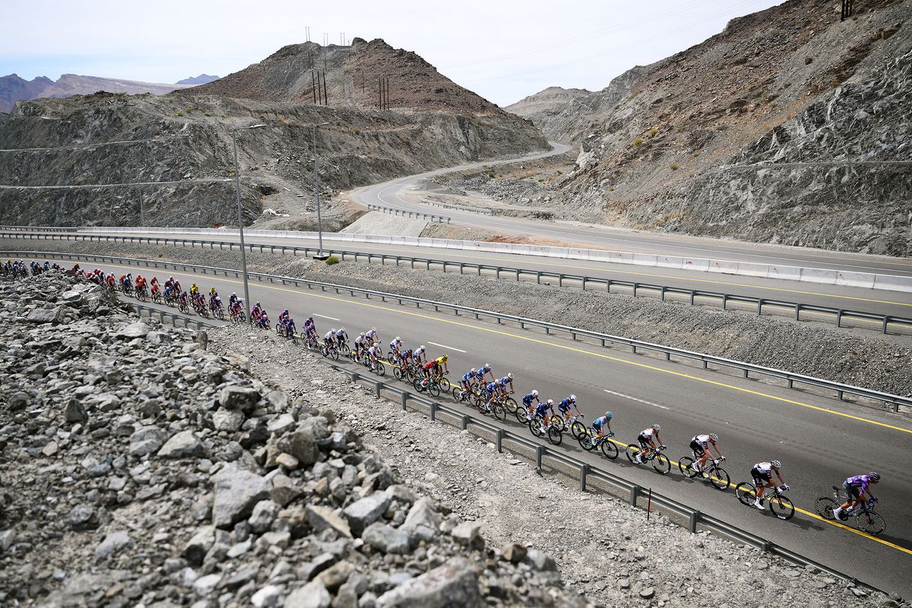 The peloton during the 2025 Muscat Classic