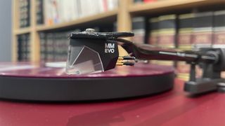 Pro-Ject Debut Evo 2 turntable close-up on tonearm and cartridge