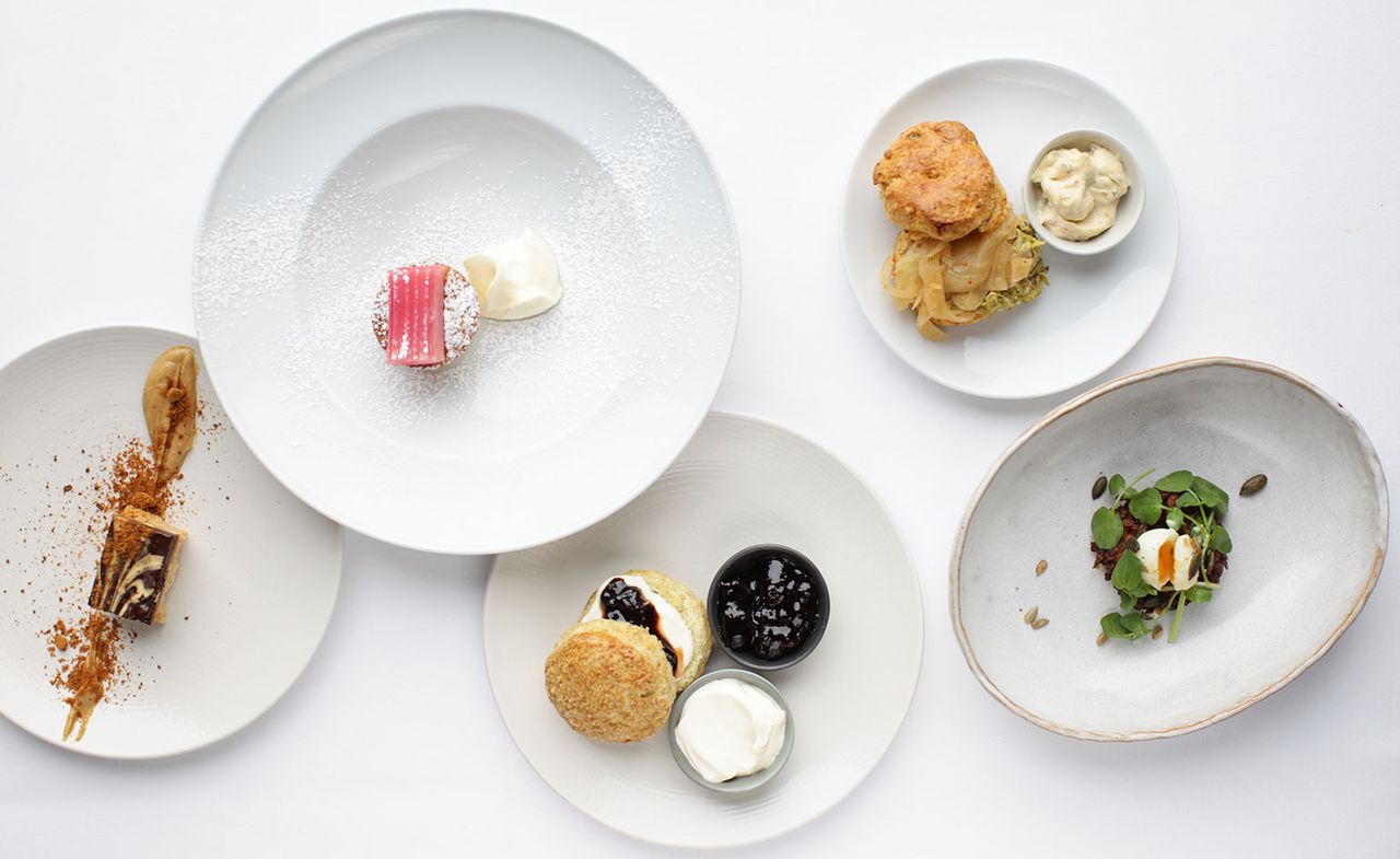 The plate is decorated with foods