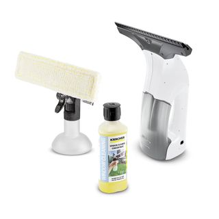 A silver and black window vac cleaner sprayer with a yellow cloth head, a yellow bottle of window cleaner, and a white and grey window vacuum cleaner