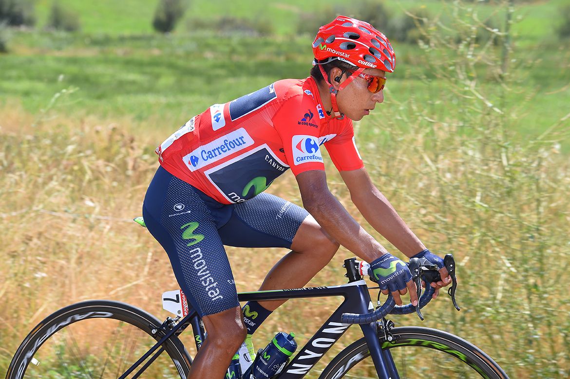 Nairo Quintana (Movistar) in red at the Vuelta