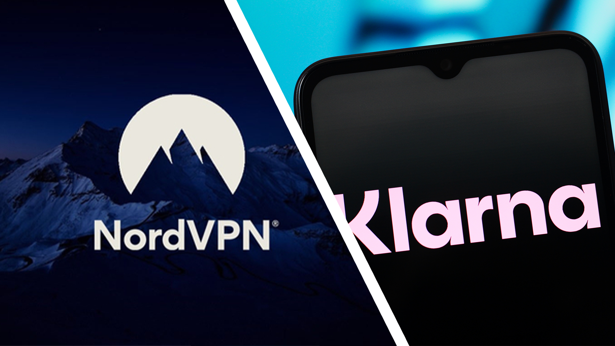 NordVPN logo on the left, the Klarna Group logo displayed on a smartphone screen on the right