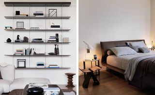 Left: Jean Nouvel's 'Graduate Bookcase', and on the right: Patricia Urquiola's Night& Day Bed and Nicola Gallizia's 'Domino' Tables