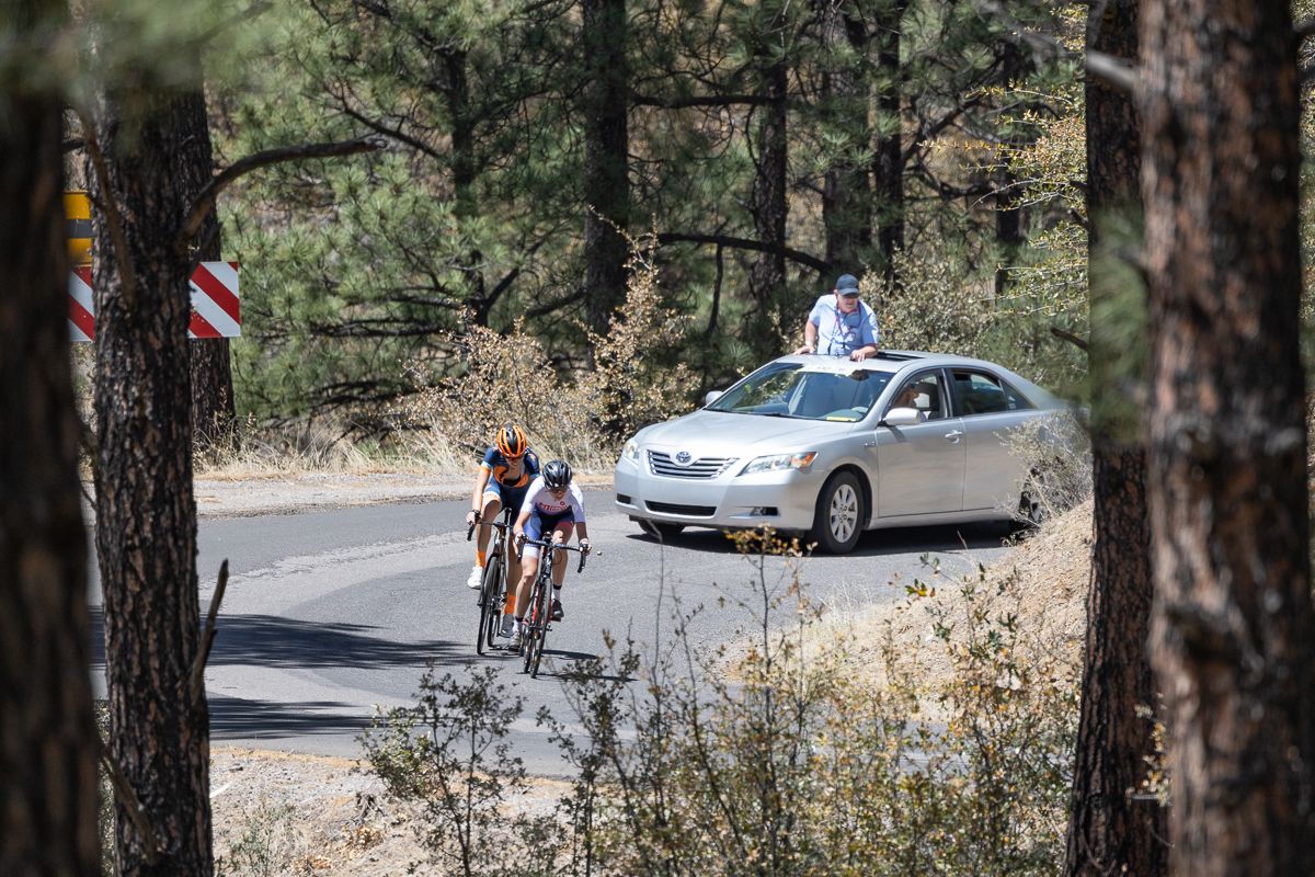 Emily Marcolini (3T/Q+M) and Austin Killips (Amy D Foundation) were the first two riders into Pinos Altos.