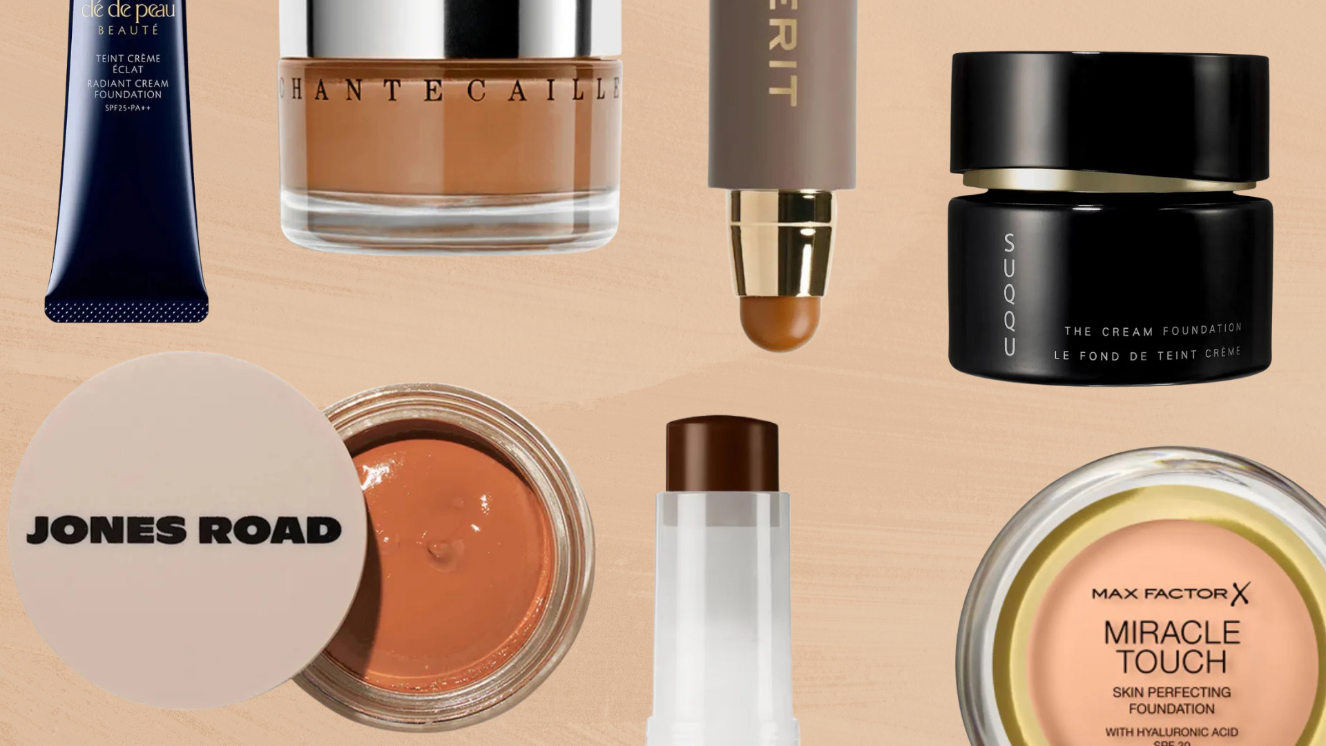 Collage of some of the best cream foundations featured in this guide from (left to right) Clé de Peau, Jones Road, Chantecaille, Fenty Beauty, Merit, SUQQU and Max Factor, set against a warm beige painterly-style background