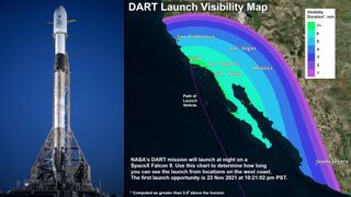 The launch of NASA's Double Asteroid Redirection Test (DART) mission will be visible in the night sky over Southern California. Left: The SpaceX Falcon 9 rocket that will launch the DART mission stands on the launchpad at Vandenberg Space Force Base in California, on Nov. 23, 2021.