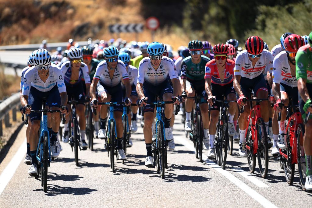 TALAVERA DE LA REINA SPAIN SEPTEMBER 09 LR Carlos Verona Quintanilla of Spain and Movistar Team David De La Cruz Melgarejo of Spain and Team Astana Qazaqstan and Antonio Tiberi of Italy and Team Trek Segafredo compete during the 77th Tour of Spain 2022 Stage 19 a 1383km stage from Talavera de la Reina to Talavera de la Reina LaVuelta22 WorldTour on September 09 2022 in Talavera de la Reina Spain Photo by Justin SetterfieldGetty Images