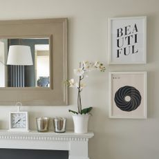 White potted orchid on white mantlepiece in living room next to candles and clock underneath mirror