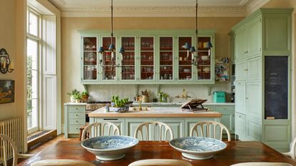 traditional victorian home with tall ceilings and ornate crown moldings with a pistachio green small kitchen with vintage and antique details and marble counters