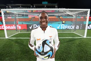 Barbra Banda of Zambia celebrates with the adidas Oceaunz Women's World Cup 2023 match ball after scoring the 1000th goal of the FIFA Women's World Cup during the FIFA Women's World Cup Australia & New Zealand 2023 Group C match between Costa Rica and Zambia at Waikato Stadium on July 31, 2023 in Hamilton / Kirikiriroa, New Zealand.