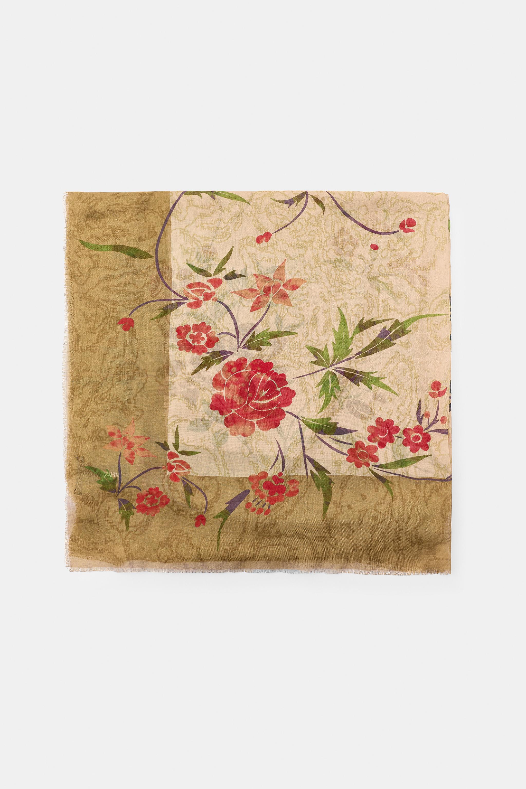 Floral Print Modal Silk Scarf - Ecru - M