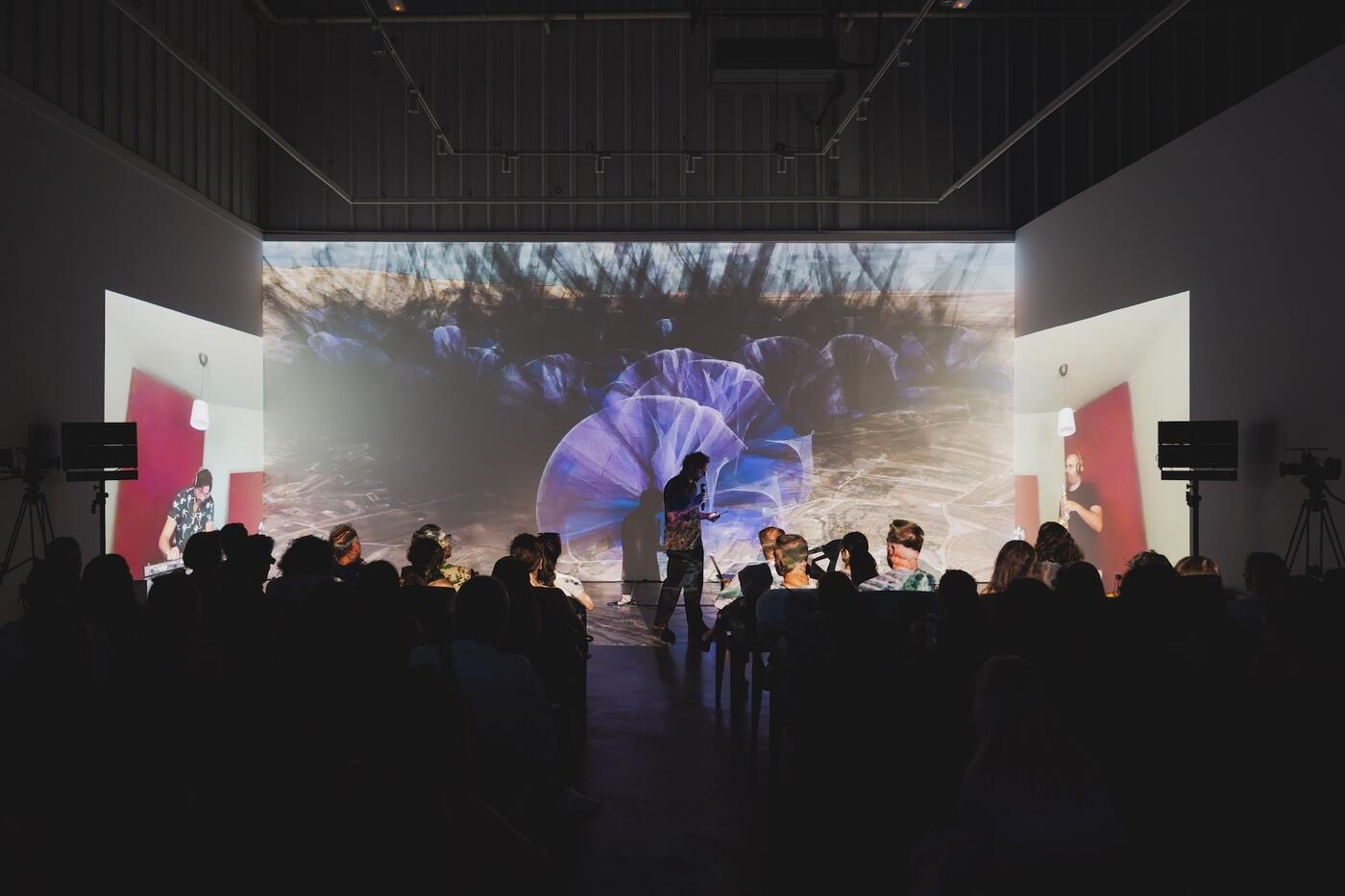 . Lawrence Abu Hamdan, Zifzafa, a live audio essay, 2024. Performance at Alserkal Foundation. Photography by Kristina Sergeeva