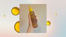A picture of Digital Beauty Writer, Naomi Jamieson's hand holding the Caudalie High Protection Glow Oil SPF50 in front of a cream wall/ in a multi-coloured template with oil drops